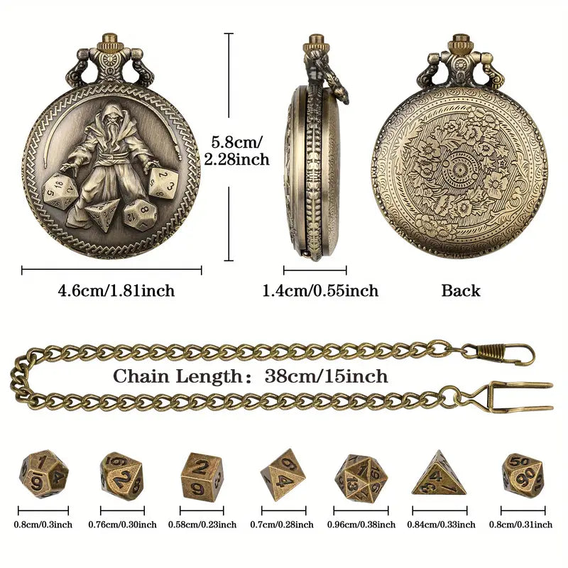 Archmages Journey - 7 Piece Mini Metal Polyhedral Dice Set & Pocket Watch Style Case