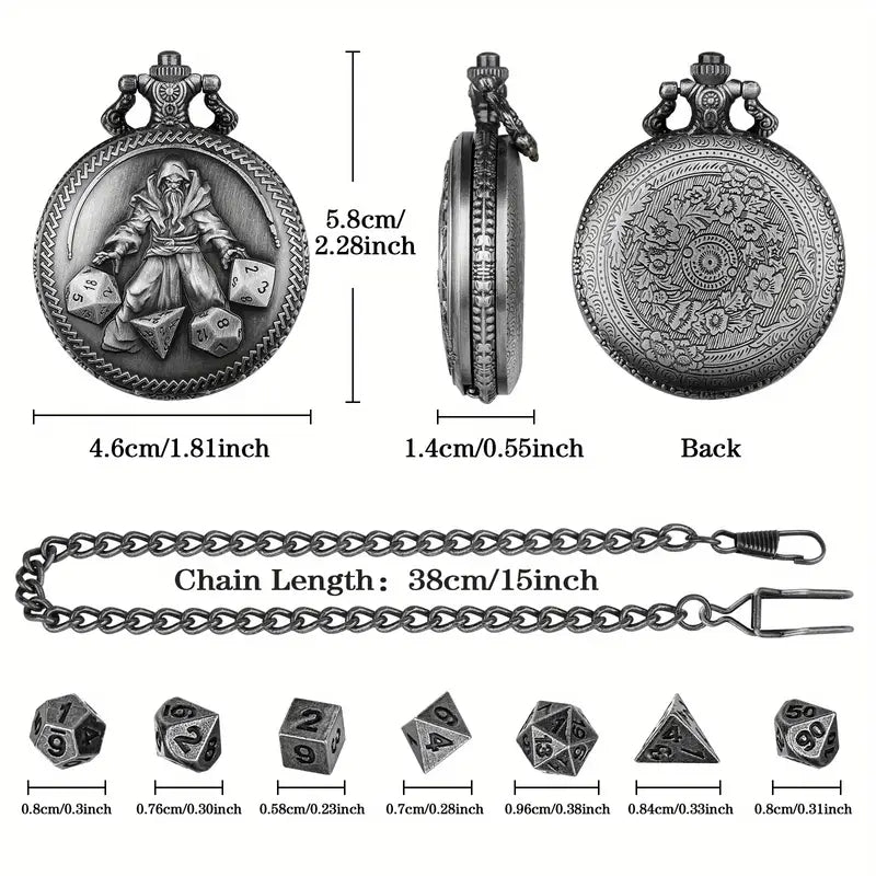 Archmages Hourglass - 7 Piece Mini Metal Polyhedral Dice Set & Pocket Watch Style Case