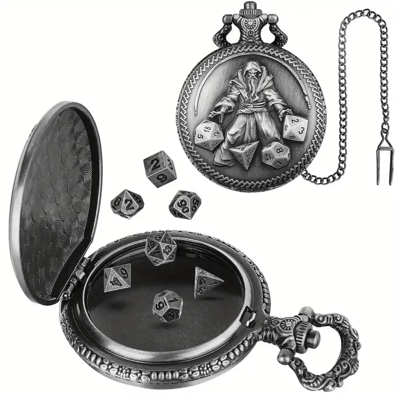 Archmages Hourglass - 7 Piece Mini Metal Polyhedral Dice Set & Pocket Watch Style Case