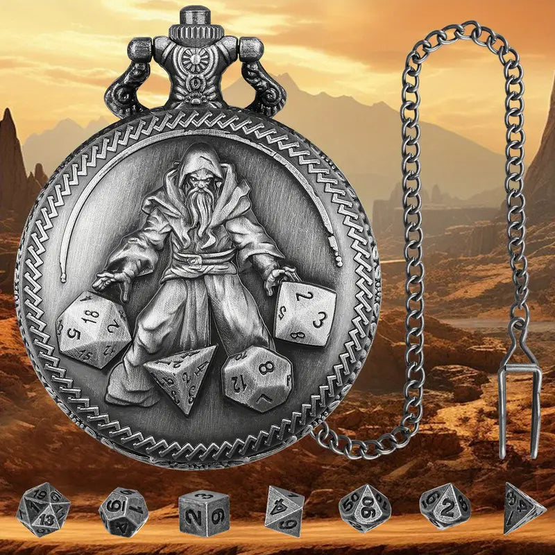 Archmages Hourglass - 7 Piece Mini Metal Polyhedral Dice Set & Pocket Watch Style Case