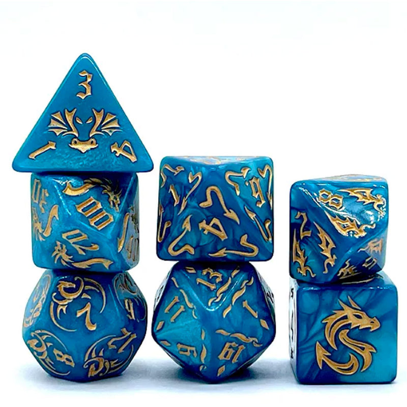 Aquatic Dragon - 7 Piece Polyhedral Dice Set + Dice Bag