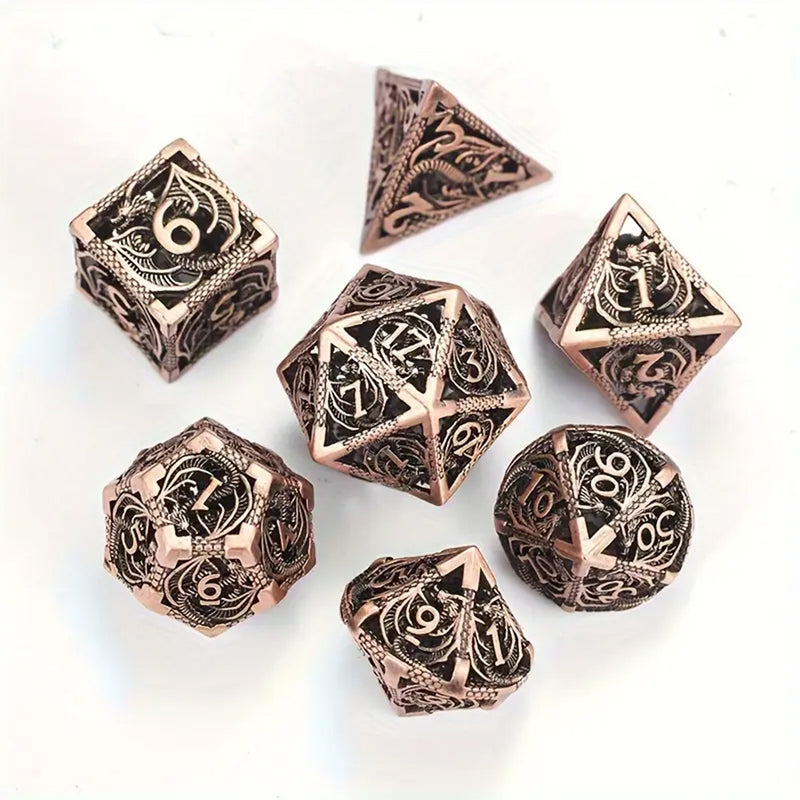 Dragon Tales - 7 Piece Hollow Metal Polyhedral Dice Set & Dice Case