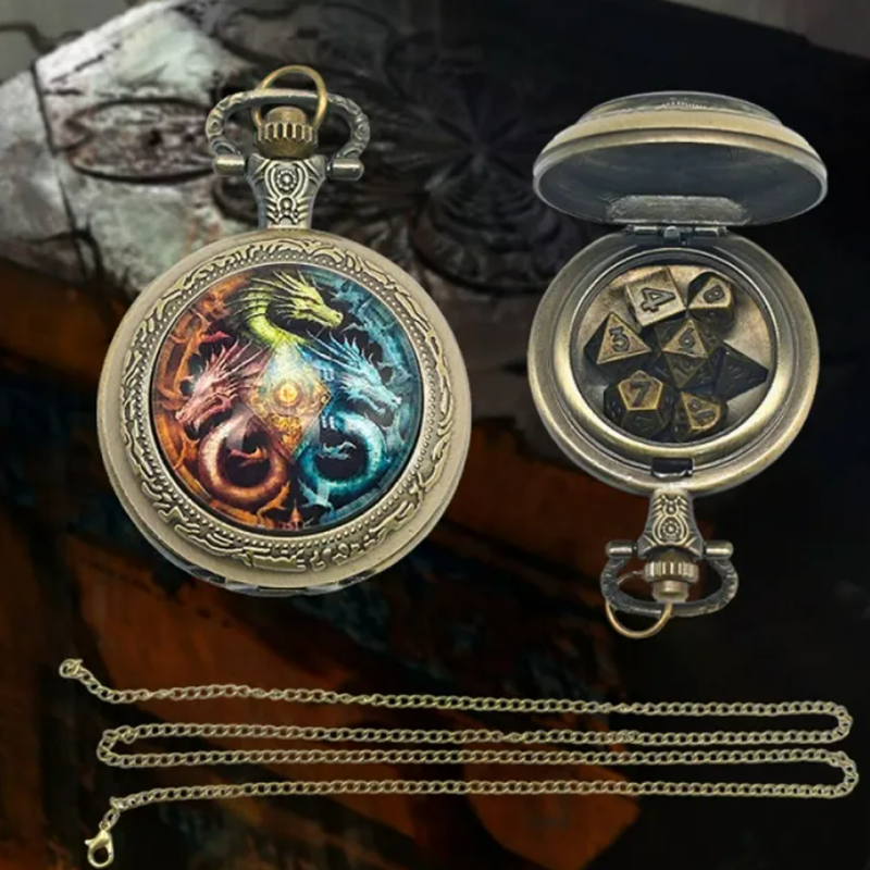 Dragon Time - 7 Piece Mini Metal Polyhedral Dice Set & Pocket Watch Style Case