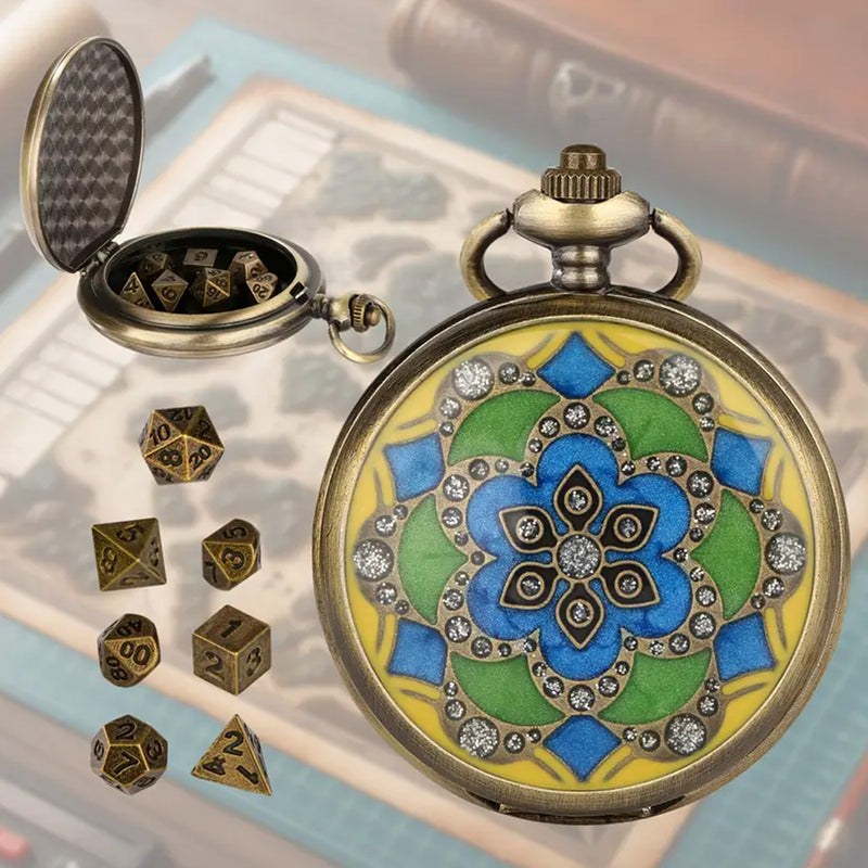 Ottoman Empire - 7 Piece Mini Metal Polyhedral Dice Set & Pocket Watch Style Case