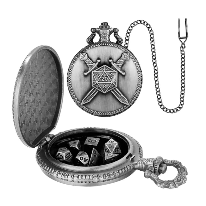 The Defender - 7 Piece Mini Metal Polyhedral Dice Set & Pocket Watch Style Case