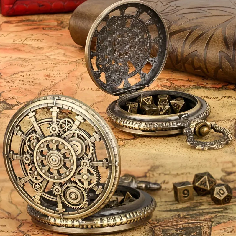 'Like Clockwork' - 7 Piece Mini Metal Polyhedral Dice Set & Pocket Watch Style Case