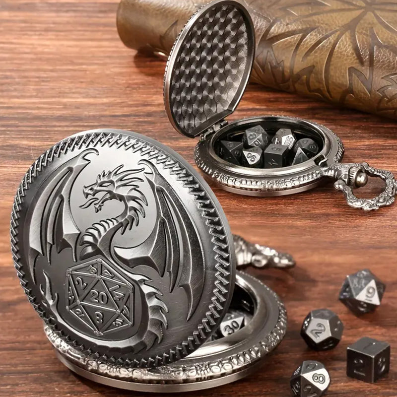 Dragon Guardian- 7 Piece Mini Metal Polyhedral Dice Set & Pocket Watch Style Case