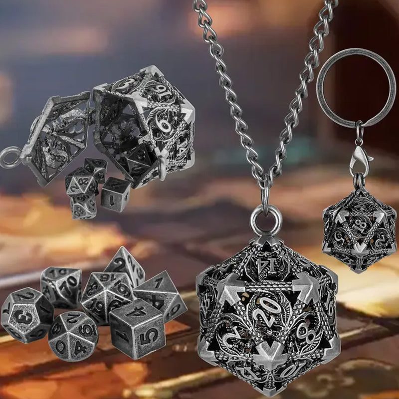 D20 Cage Dice Necklace (Silver) with 7 Piece Mini Metal Polyhedral Dice Set