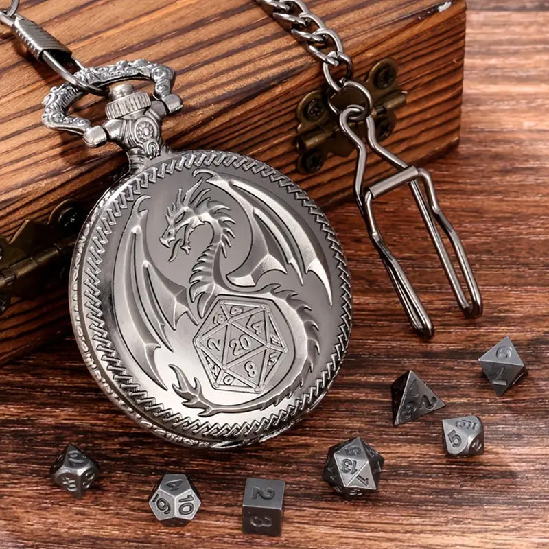 Dragon Guardian- 7 Piece Mini Metal Polyhedral Dice Set & Pocket Watch Style Case