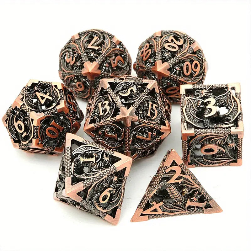 Copper Dragon - 7 Piece Hollow Metal Polyhedral Dice Set & Dice Case