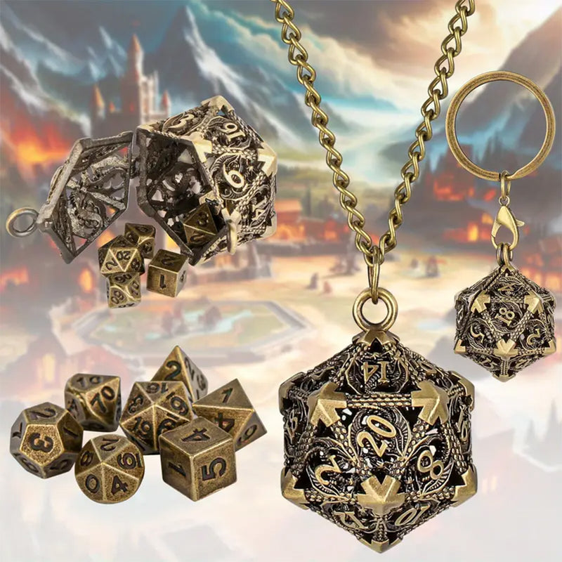 D20 Cage Dice Necklace (Bronze) with 7 Piece Mini Metal Polyhedral Dice Set