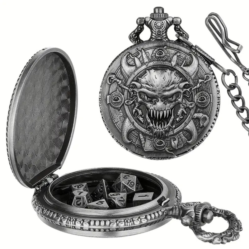 The Devil You Know - 7 Piece Mini Metal Polyhedral Dice Set & Pocket Watch Style Case