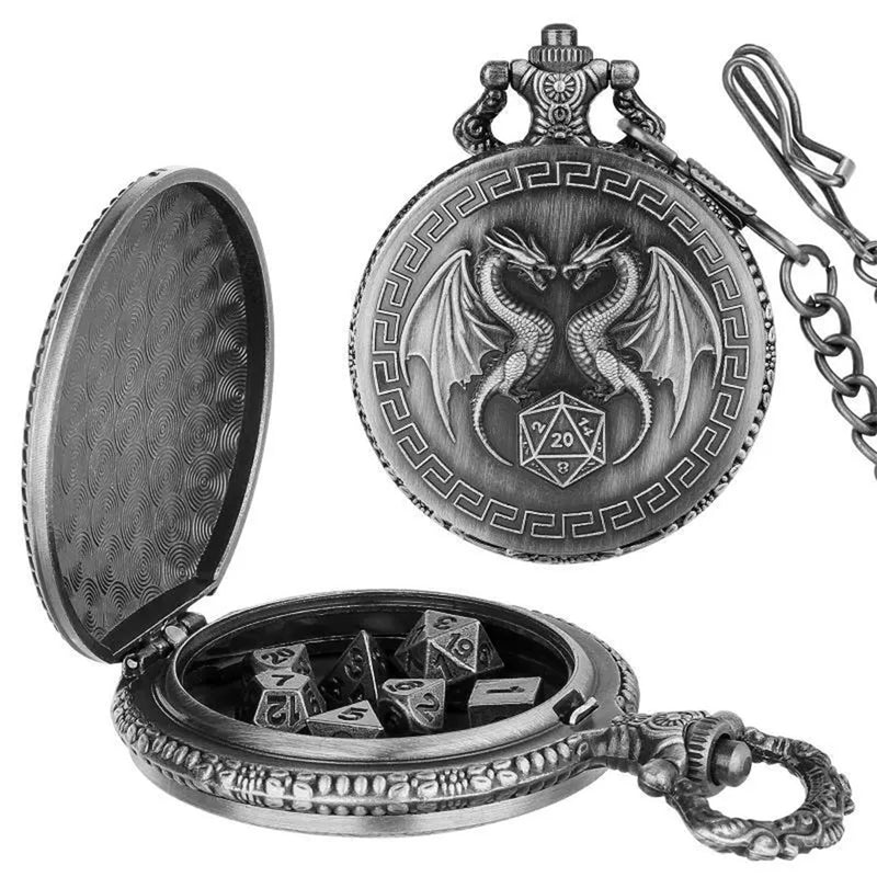 Double Dragon - 7 Piece Mini Metal Polyhedral Dice Set & Pocket Watch Style Case