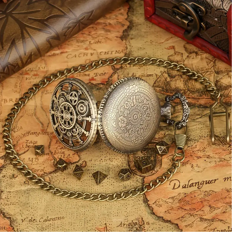 'Like Clockwork' - 7 Piece Mini Metal Polyhedral Dice Set & Pocket Watch Style Case