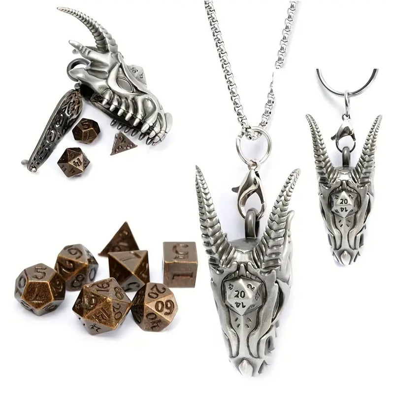 Silver Dragon Dice Necklace  (Mini Metal Dice in Necklace Case)