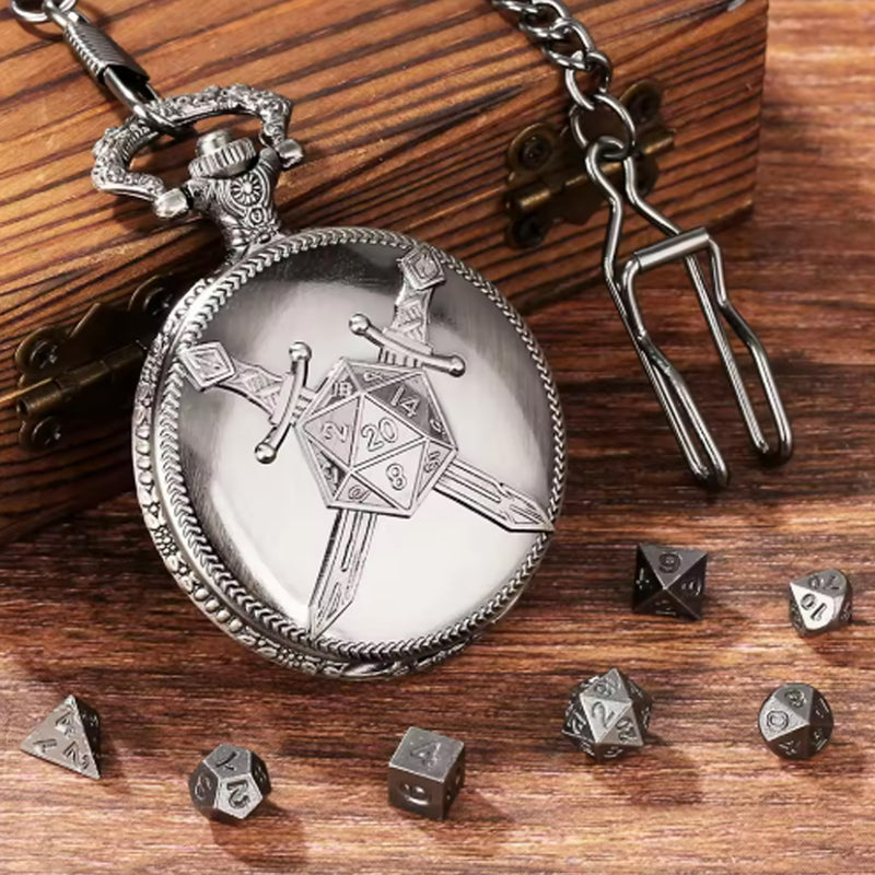 The Defender - 7 Piece Mini Metal Polyhedral Dice Set & Pocket Watch Style Case