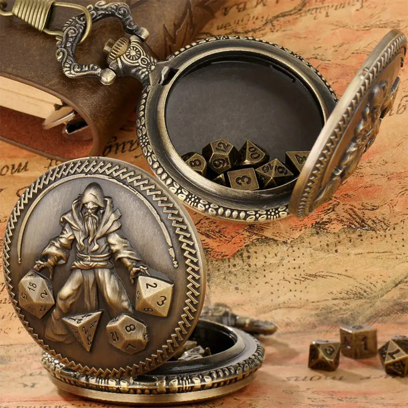 Archmages Journey - 7 Piece Mini Metal Polyhedral Dice Set & Pocket Watch Style Case