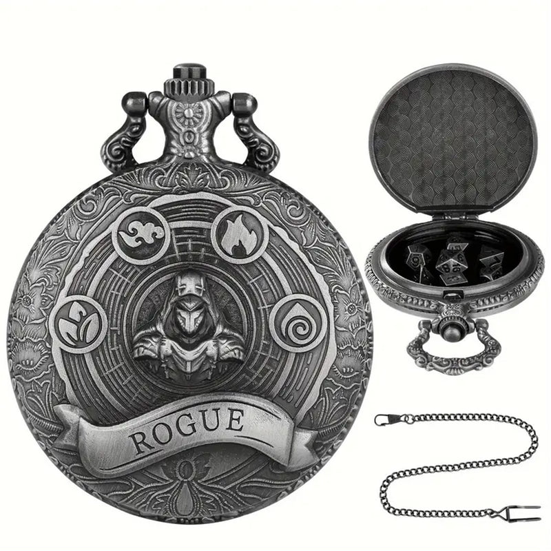 The Stylish Rogue - 7 Piece Mini Metal Polyhedral Dice Set & Pocket Watch Style Case