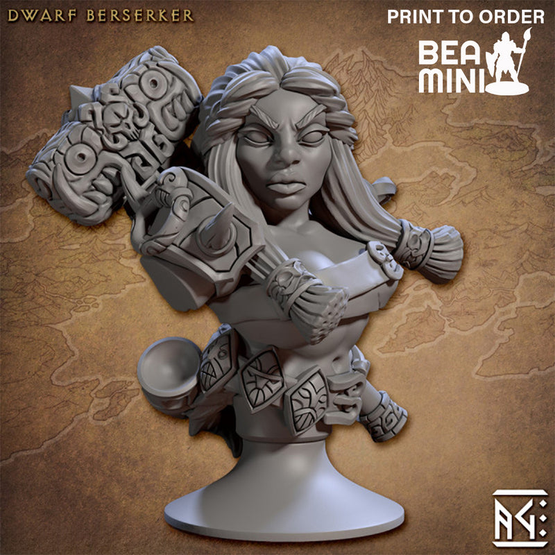 Female Dwarf Berserker Bust | BeaMini Print to Order Miniatures