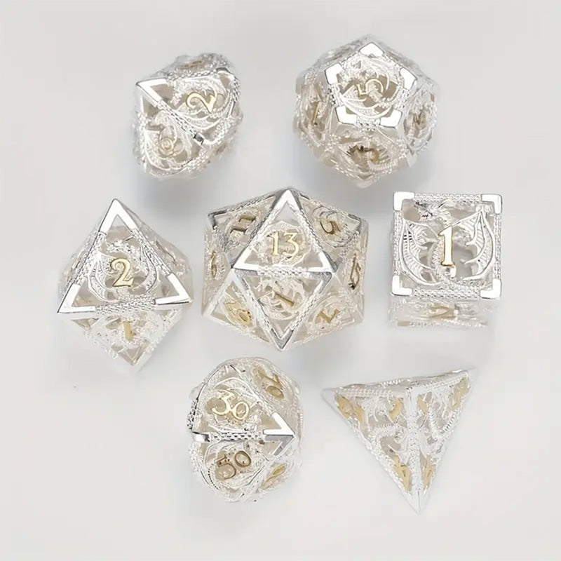 Platinum Dragon - 7 Piece Hollow Metal Polyhedral Dice Set & Dice Case