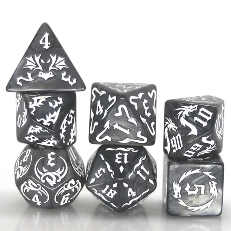 Ebony Dragon - 7 Piece Polyhedral Dice Set + Dice Bag