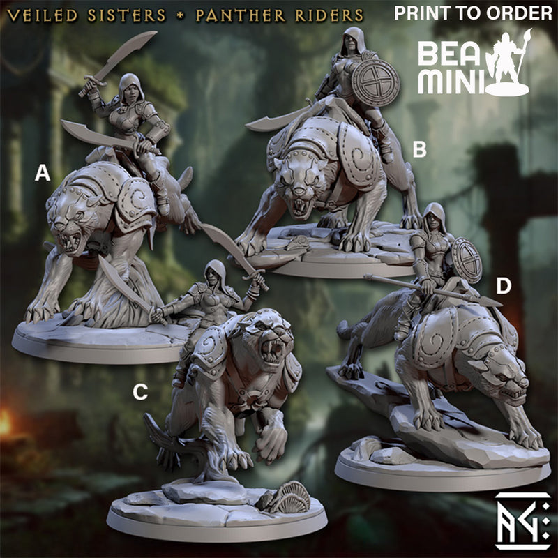 Veiled Sisterhood Panther Riders - Melee | BeaMini Print to Order Miniatures