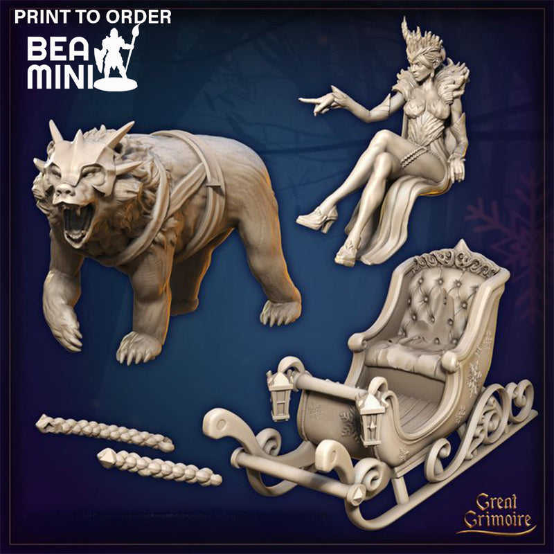 Sylvara Frostheart on Sleigh with Icebear | BeaMini Print to Order Miniatures