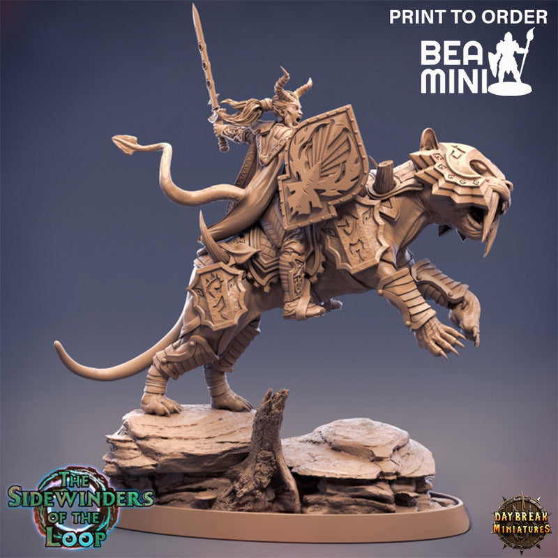 Zika Flammery, Tiefling Paladin, on Magnapanther | BeaMini Print to Order Miniatures