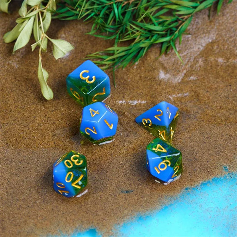 Aquaflora - 7 Piece Polyhedral Dice Set + Dice Bag - Bea DnD Games