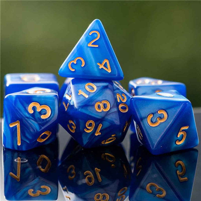 Blue Wyrm - 7 Piece Polyhedral Dice Set + Dice Bag - Bea DnD Games