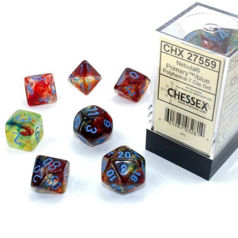 Chessex Nebula Primary with Blue 7 Piece GLOW IN THE DARK Polyhedral Dice Set (CHX 27559) - Bea DnD Games