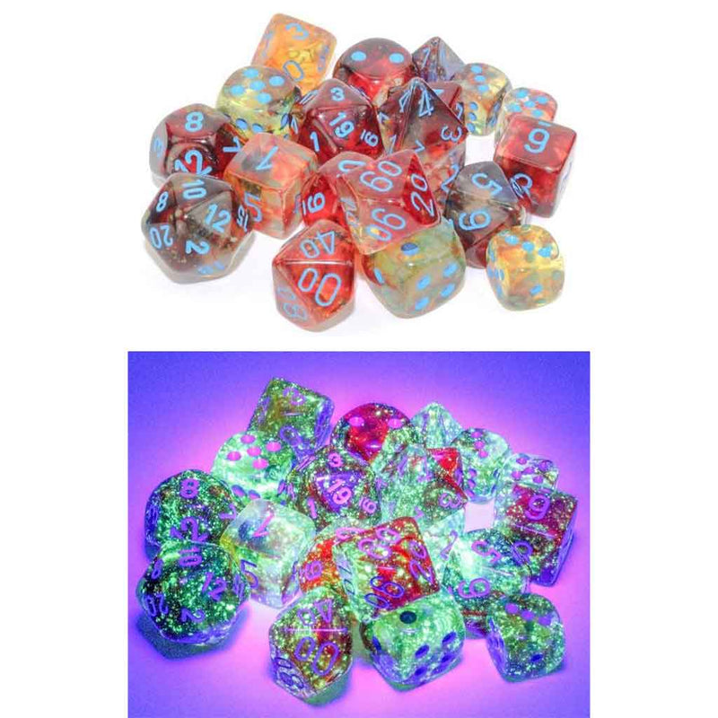 Chessex Nebula Primary with Blue 7 Piece GLOW IN THE DARK Polyhedral Dice Set (CHX 27559) - Bea DnD Games