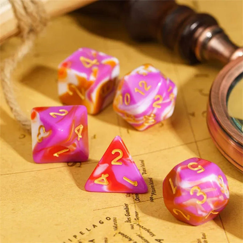 Gleaming Flamenco - 7 Piece Polyhedral Dice Set + Dice Bag - Bea DnD Games