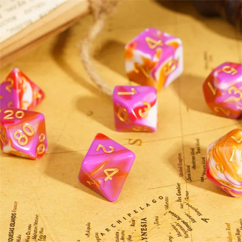 Gleaming Flamenco - 7 Piece Polyhedral Dice Set + Dice Bag - Bea DnD Games