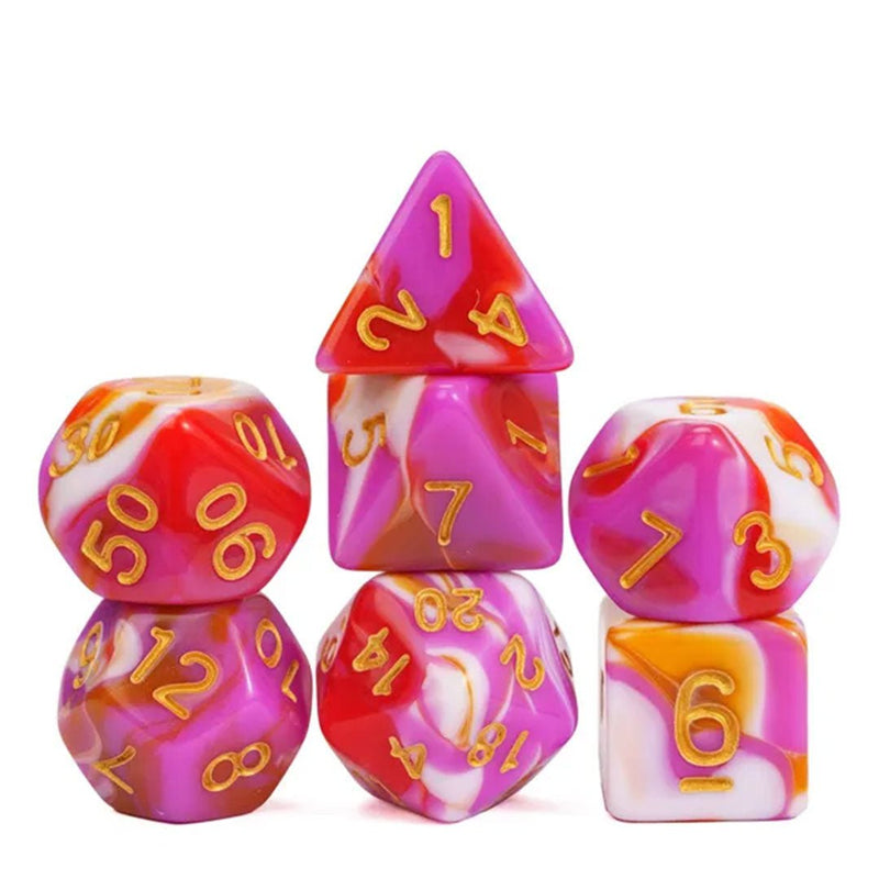 Gleaming Flamenco - 7 Piece Polyhedral Dice Set + Dice Bag - Bea DnD Games