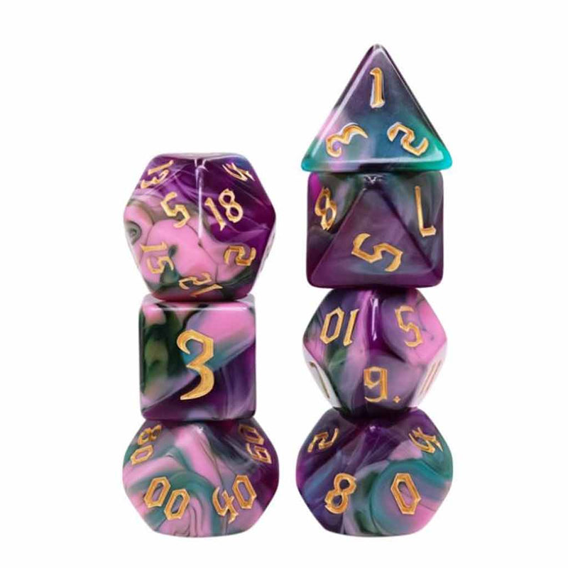 Night Elves - 7 Piece Polyhedral Dice Set + Dice Bag - Bea DnD Games