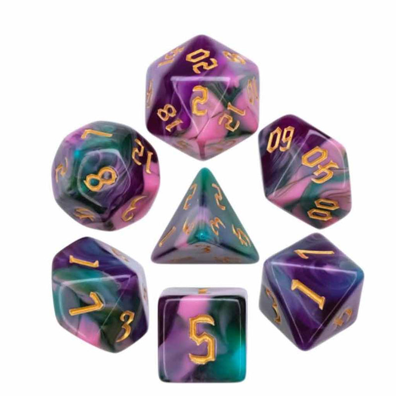 Night Elves - 7 Piece Polyhedral Dice Set + Dice Bag - Bea DnD Games