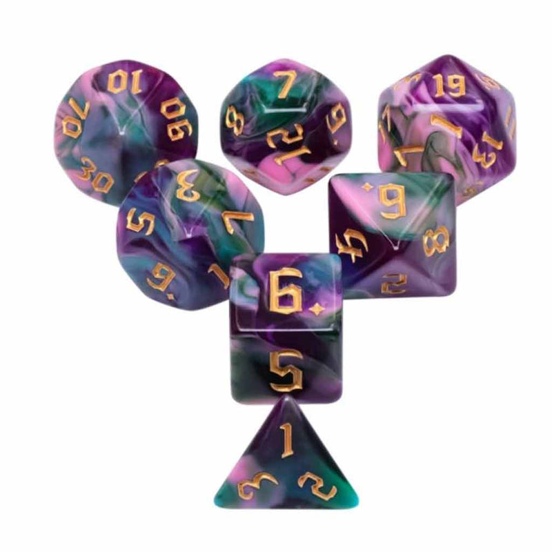 Night Elves - 7 Piece Polyhedral Dice Set + Dice Bag - Bea DnD Games