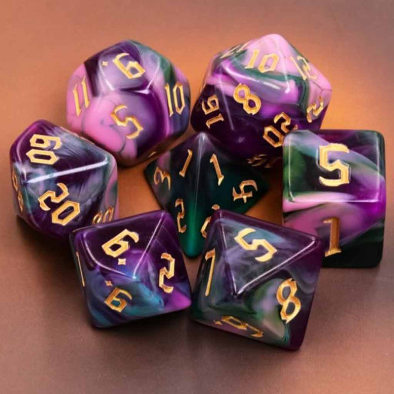 Night Elves - 7 Piece Polyhedral Dice Set + Dice Bag - Bea DnD Games