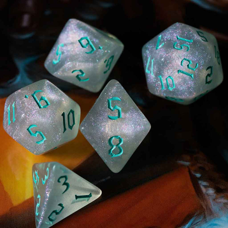 Poseidon's Favour - 7 Piece Runic Polyhedral Dice Set + Dice Bag - Bea DnD Games