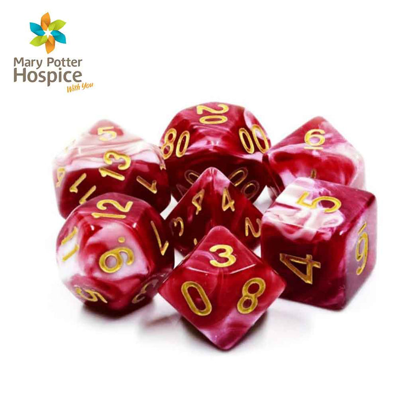 Strawberry Sundae Dice - SUPPORT MARY POTTER HOSPICE $5 donated each sale 7 Piece Polyhedral Dice Set + Dice Bag - Bea DnD Games