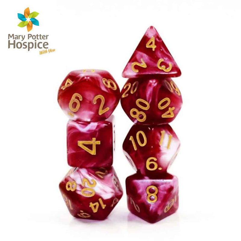 Strawberry Sundae Dice - SUPPORT MARY POTTER HOSPICE $5 donated each sale 7 Piece Polyhedral Dice Set + Dice Bag - Bea DnD Games